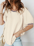 Contrast Varsity Striped Neckline Cuffed Short Sleeve Loose Tunic Top