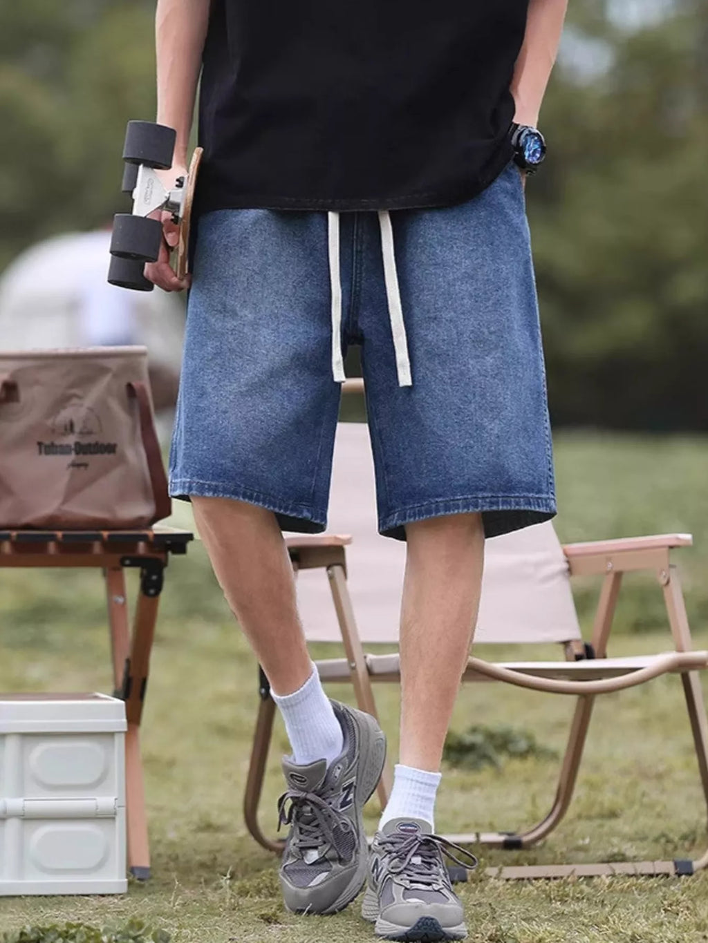 Men's Plus Size Loose Fit Denim Shorts with Drawstring