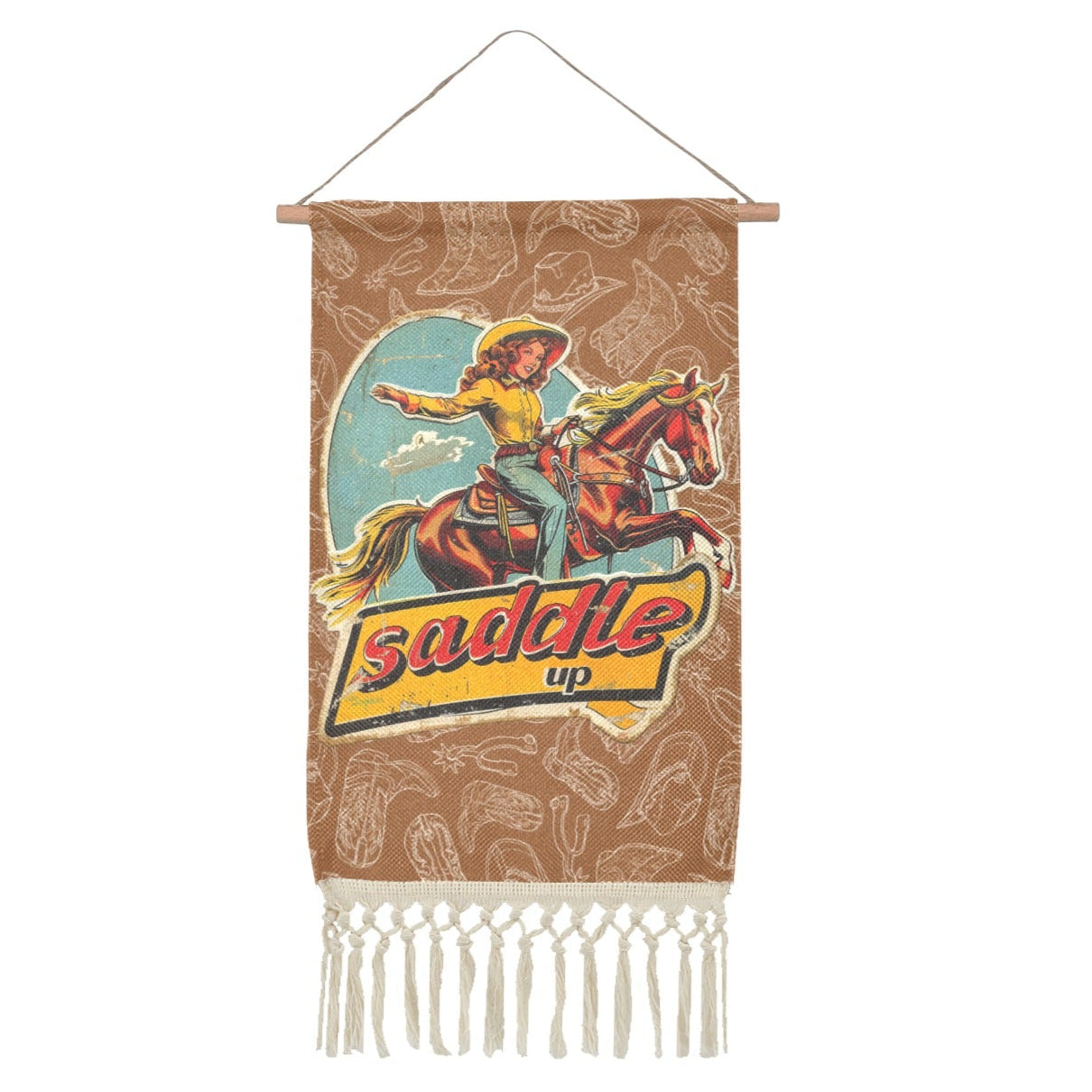 Baha Ranch Saddle Up Western Wall Decor Linen Hanging Poster with Fringe Made in America