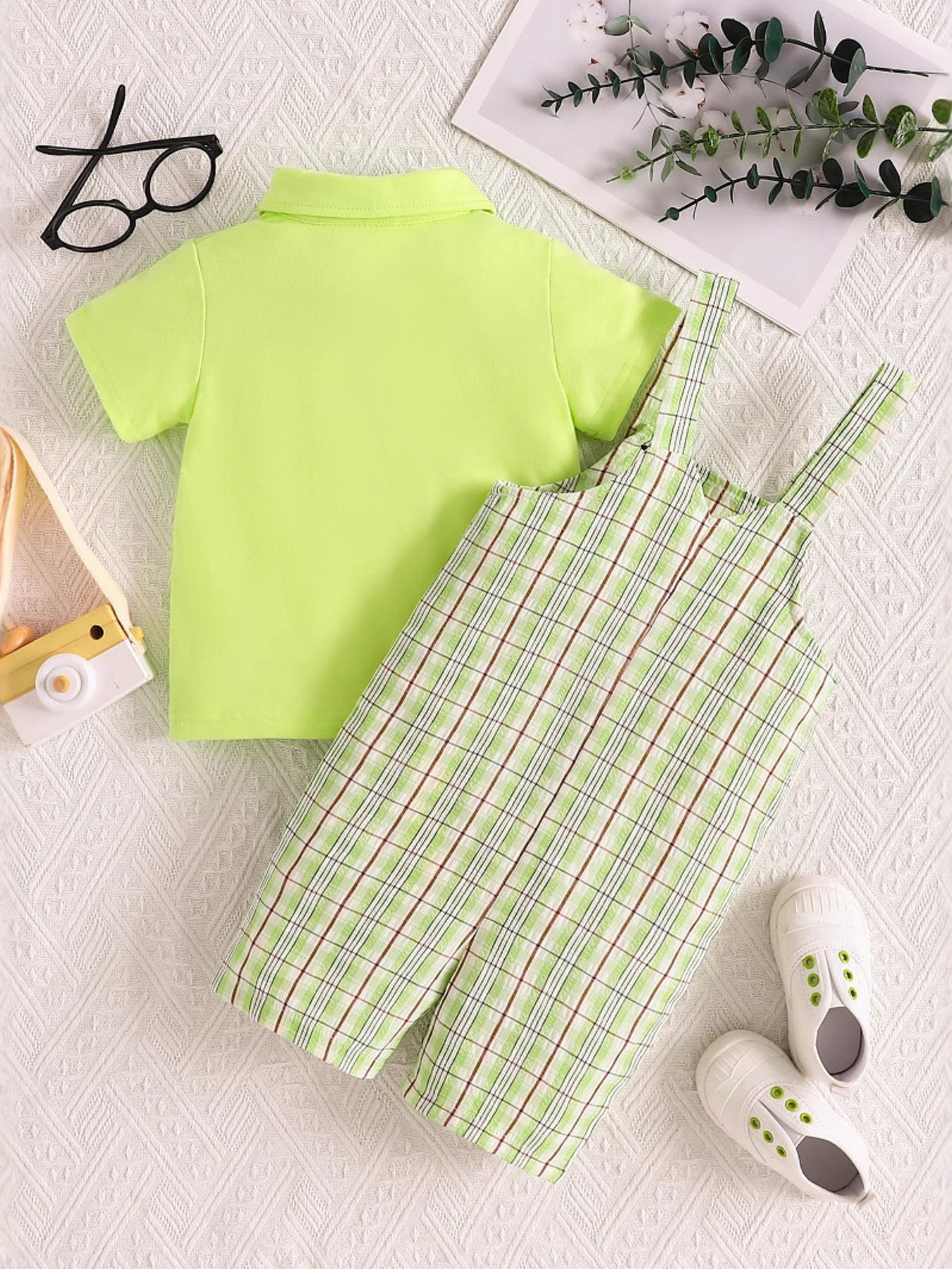 Children's Solid Color Polo & Plaid Overalls Set