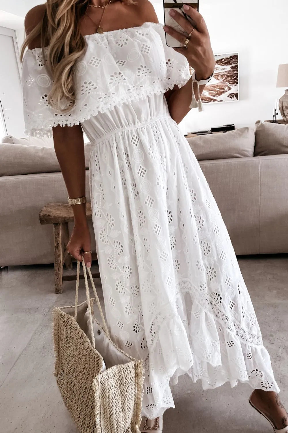 Off Shoulder Eyelet Lace Maxi Dress
