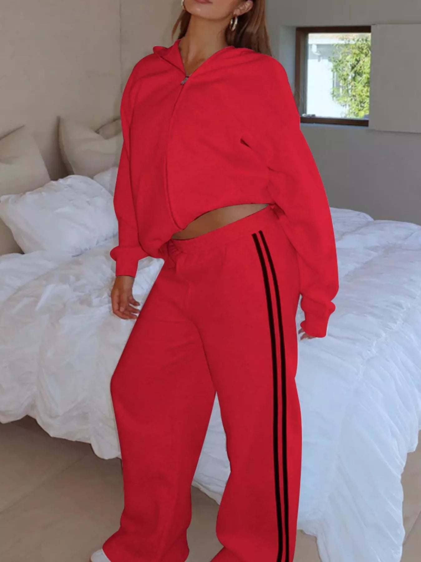 Zip Up Hoodie and Striped Pants Set