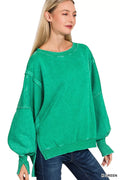 Zenana Acid Washed Batwing Sleeve Fleece Sweatshirt