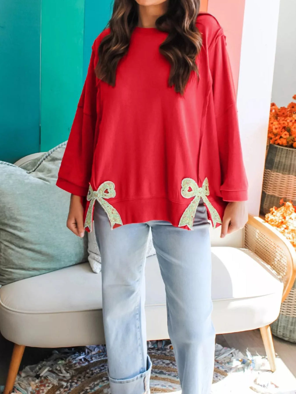 Floral Bow Patched Exposed Seam Patchwork Slit Baggy Sweatshirt