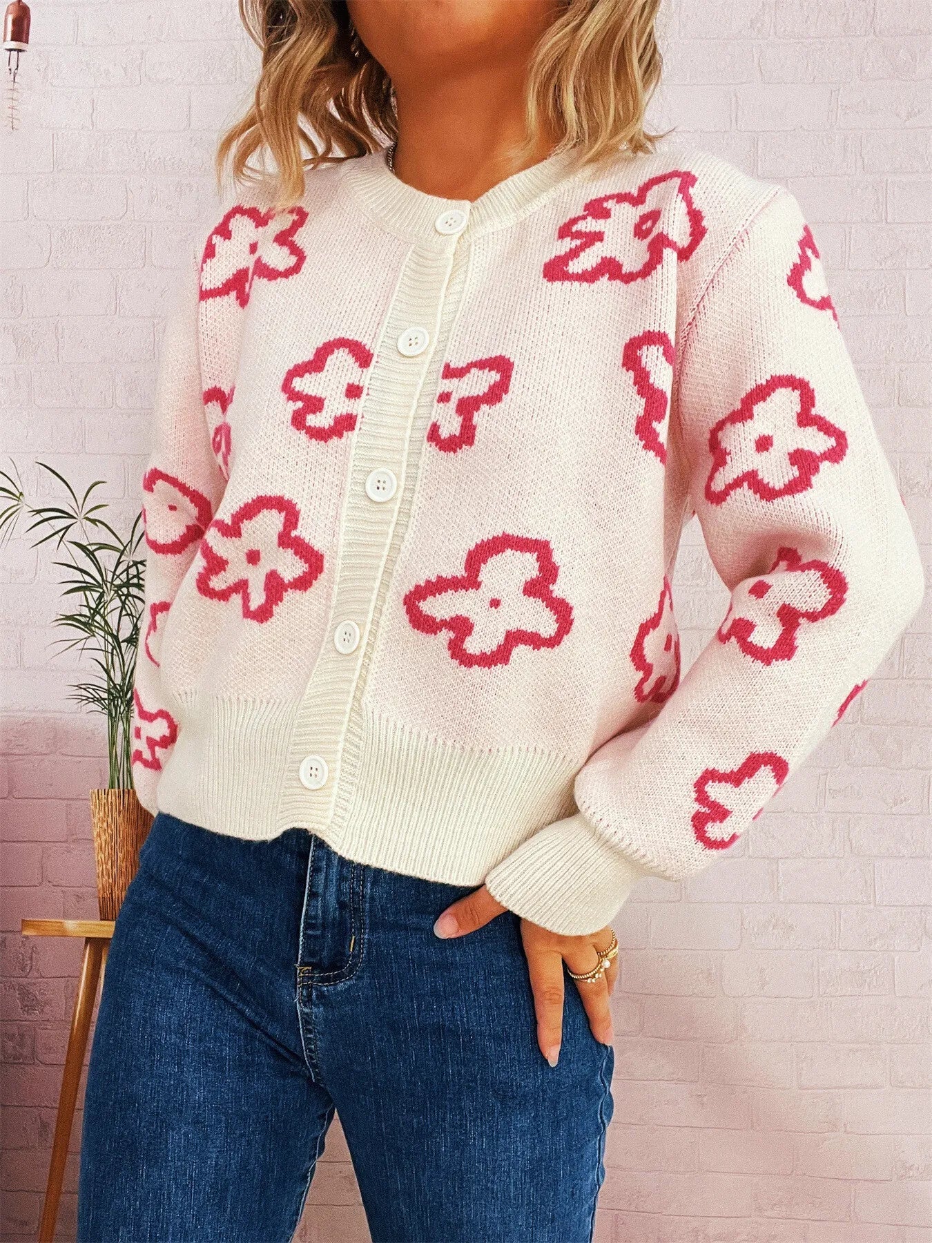 Floral Pattern Button-Up Cardigan