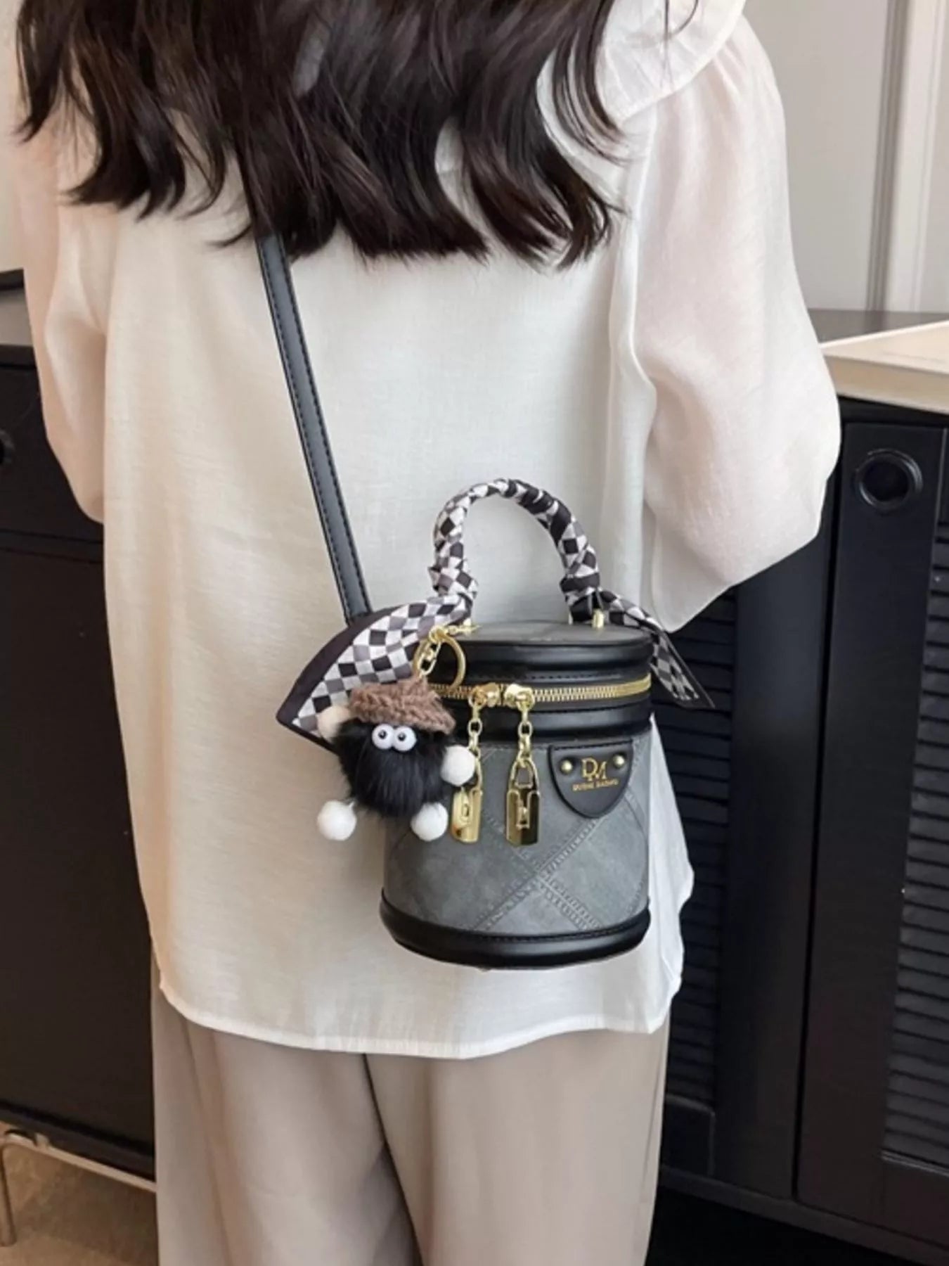 Bucket Crossbody Bag with Scarf Accent