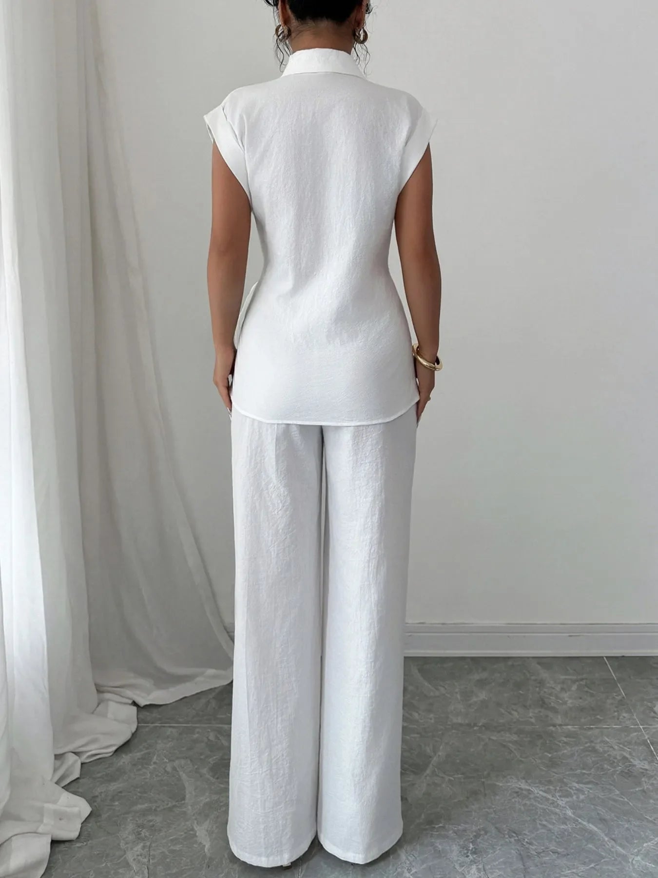 Collared Neck Cap Sleeve Top and Pants Set