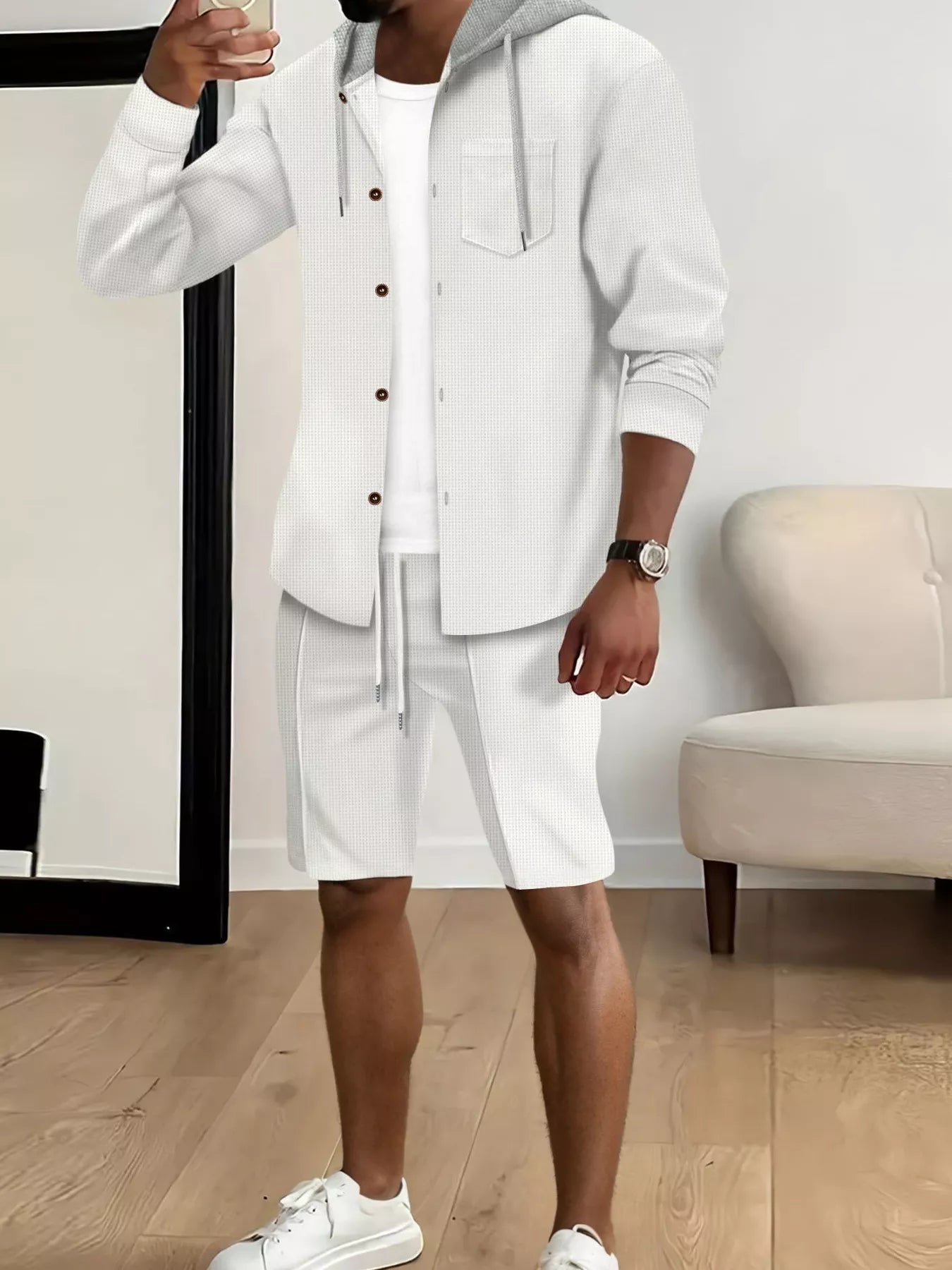 Men's Full Size Casual Hooded Button-Up Top and Shorts Set Plus Size