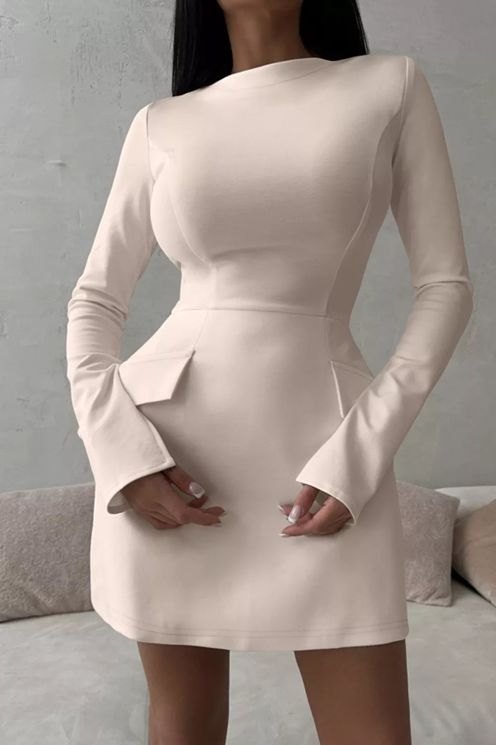 Long-Sleeve Mini Dress with Flap Pockets
