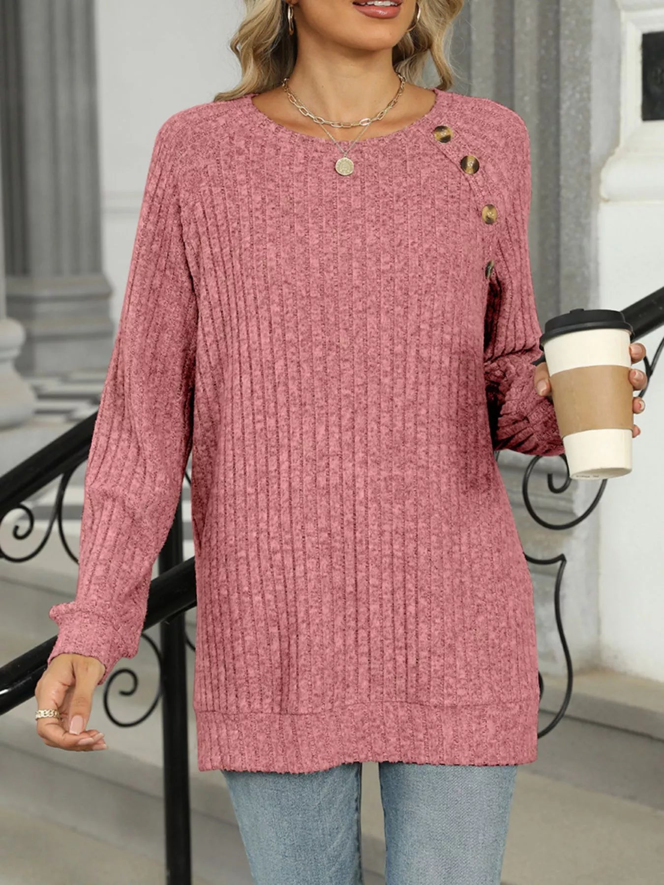 Round Neck Side Slit Ribbed Knit Top with Asymmetric Button Detail