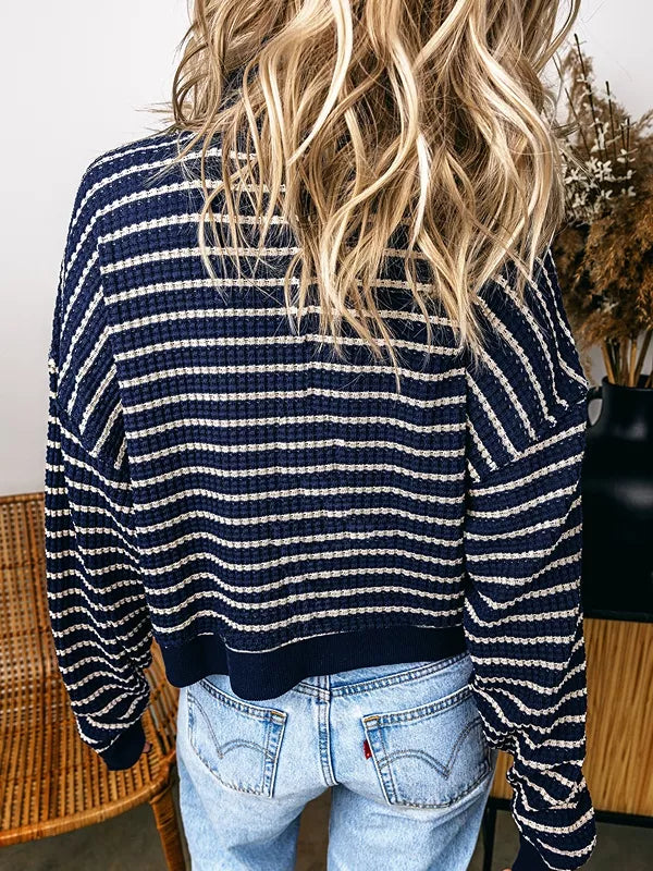 Stripe Textured Knit Half Zip Collared Long Sleeve Top