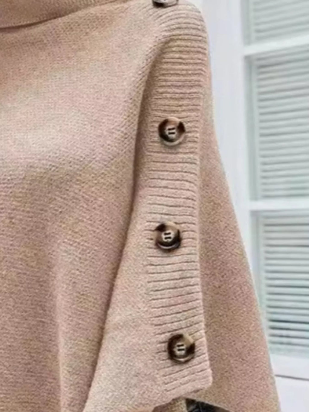 Button-Decor Turtleneck Poncho Pullover