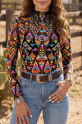 Abstract Print Long Sleeve Stand Neck Mesh Top