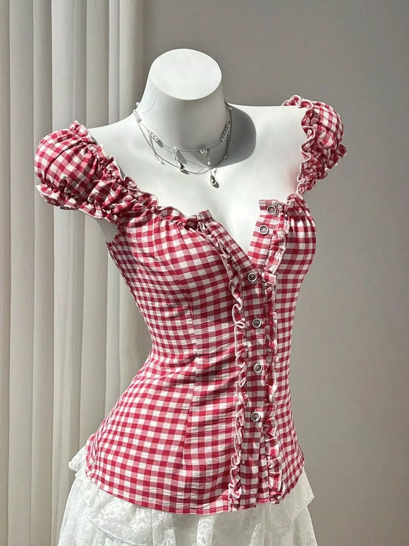 Frill Gingham Cap Sleeve Blouse
