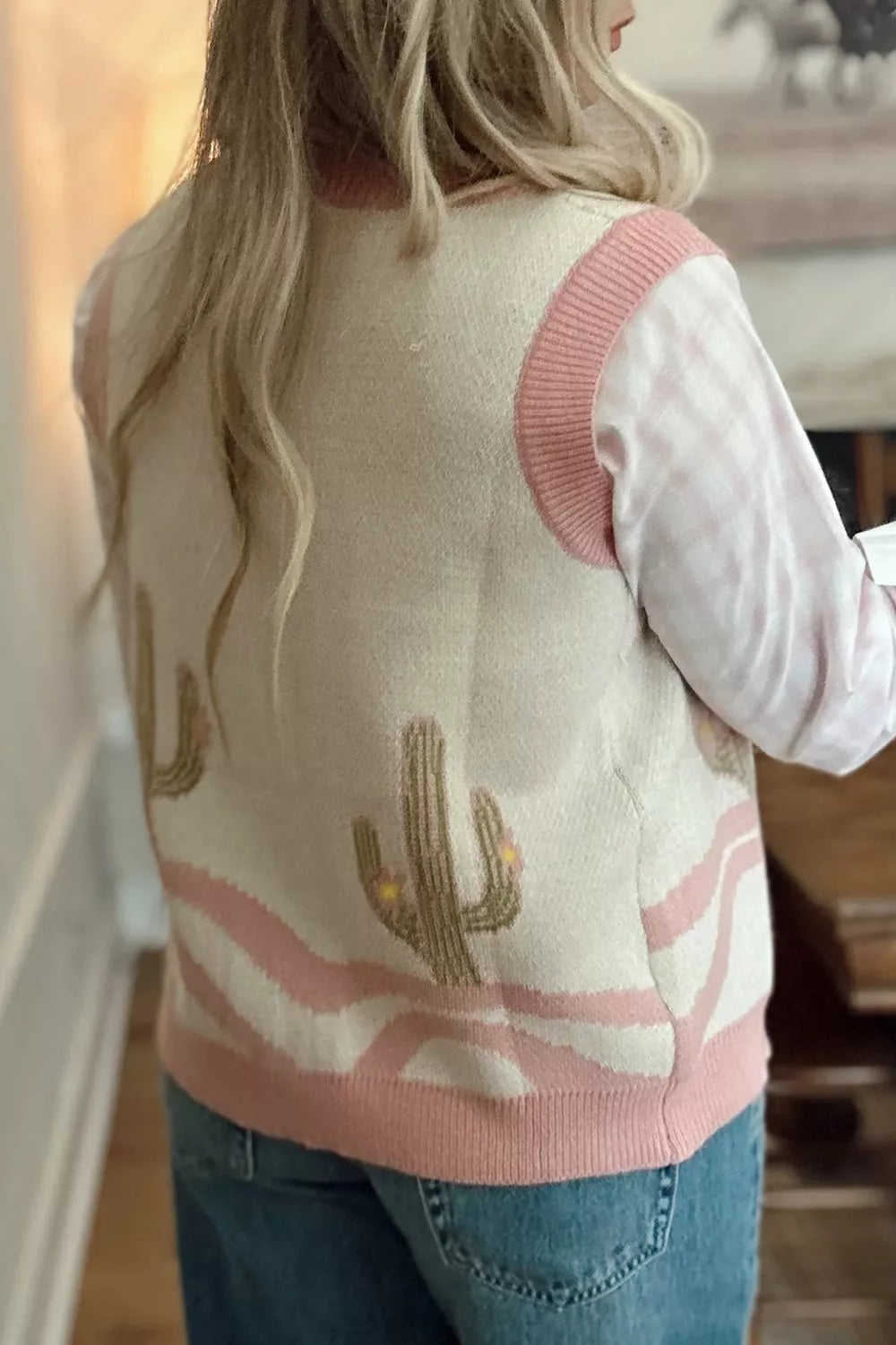 Color Block Trim Button Front Cactus Pattern Western Sweater Vest