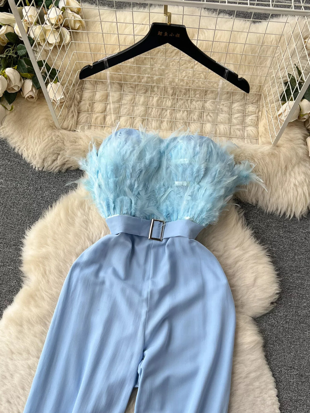 Feather Trim Strapless Wide Leg Jumpsuit