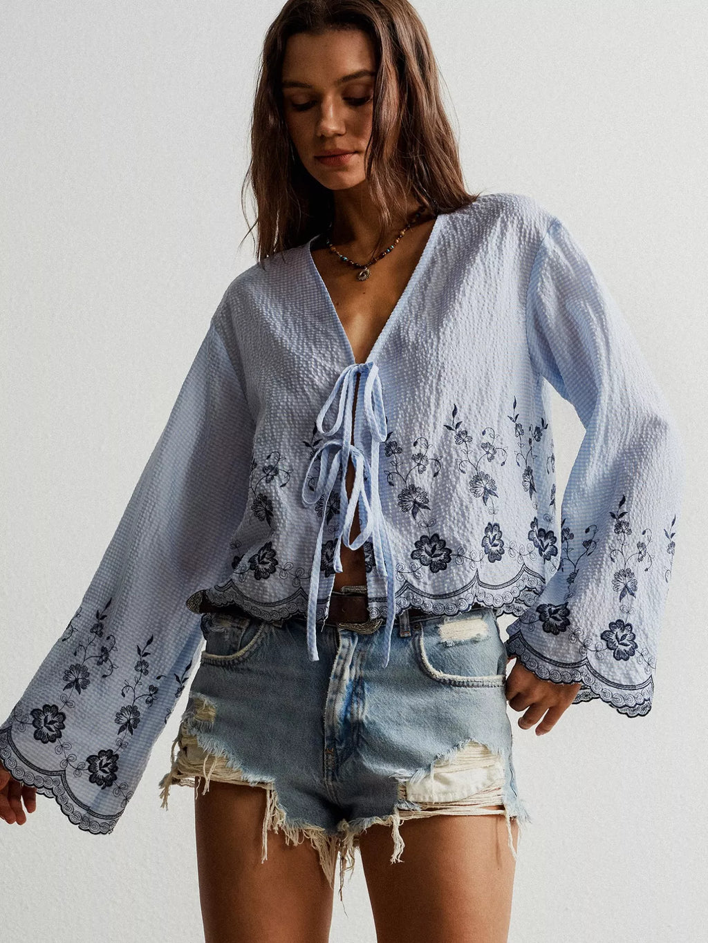 Floral Embroidered Tie-Front Blouse
