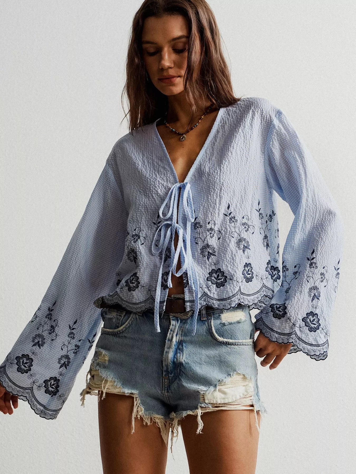 Floral Embroidered Tie-Front Blouse