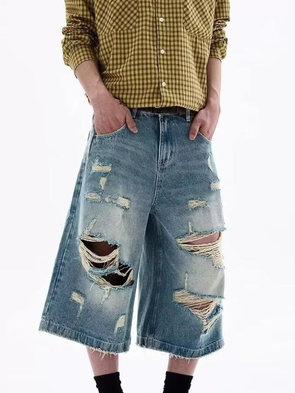 Men's Full Size Distressed Wide Leg Denim Shorts Plus Size