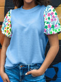 Round Neck Textured Contrast Floral Bubble Sleeve Blouse