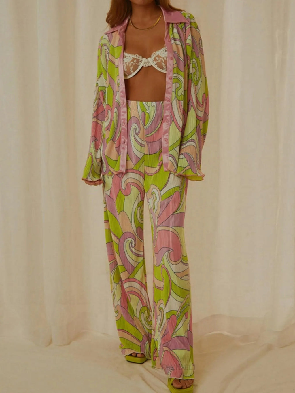 Printed Button Up Shirt and Pants Set