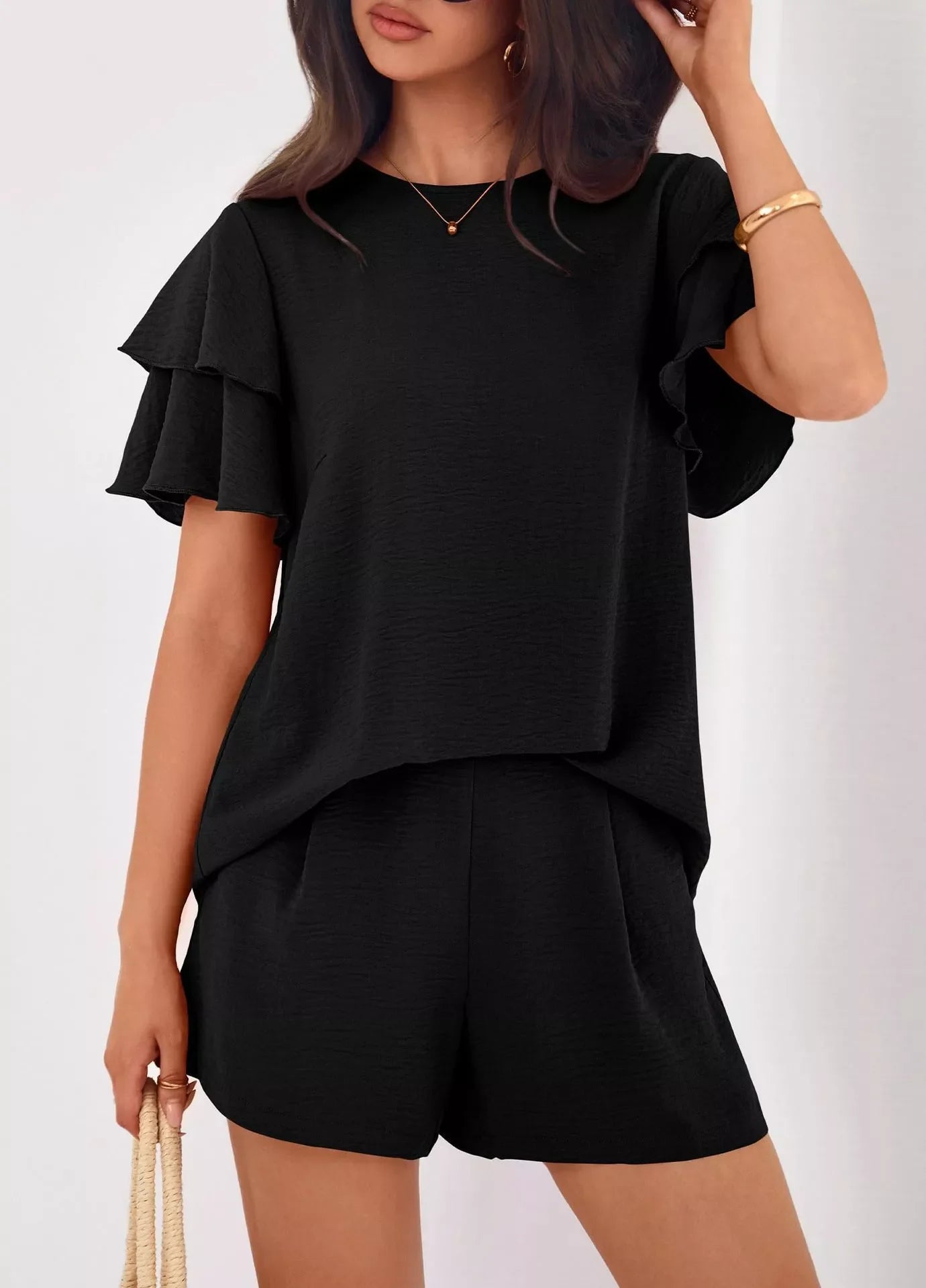 Ruffle Sleeve Top and Shorts Two-Piece Set