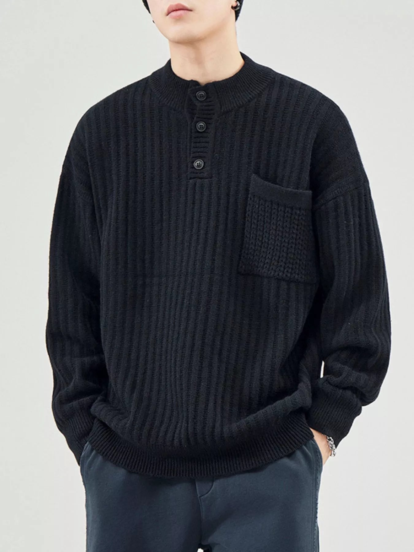 Men's Full Size Button Detail Long Sleeve Sweater Plus Size
