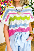 Color Block Crochet Ruffled Short Sleeve Knit Top