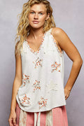POL Floral Print Star Patch V-Neck Ribbed Tank
