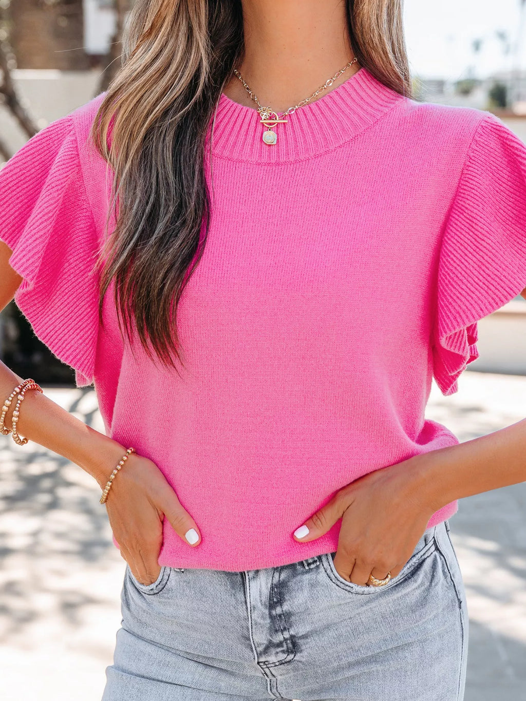 Ruffle Sleeve Round Neck Sweater