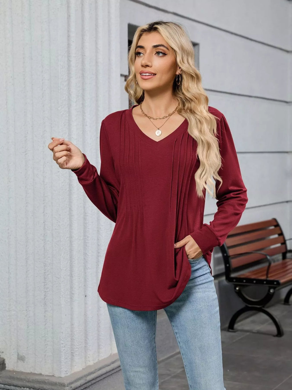 V-Neck Long Sleeve Relaxed Fit T-Shirt