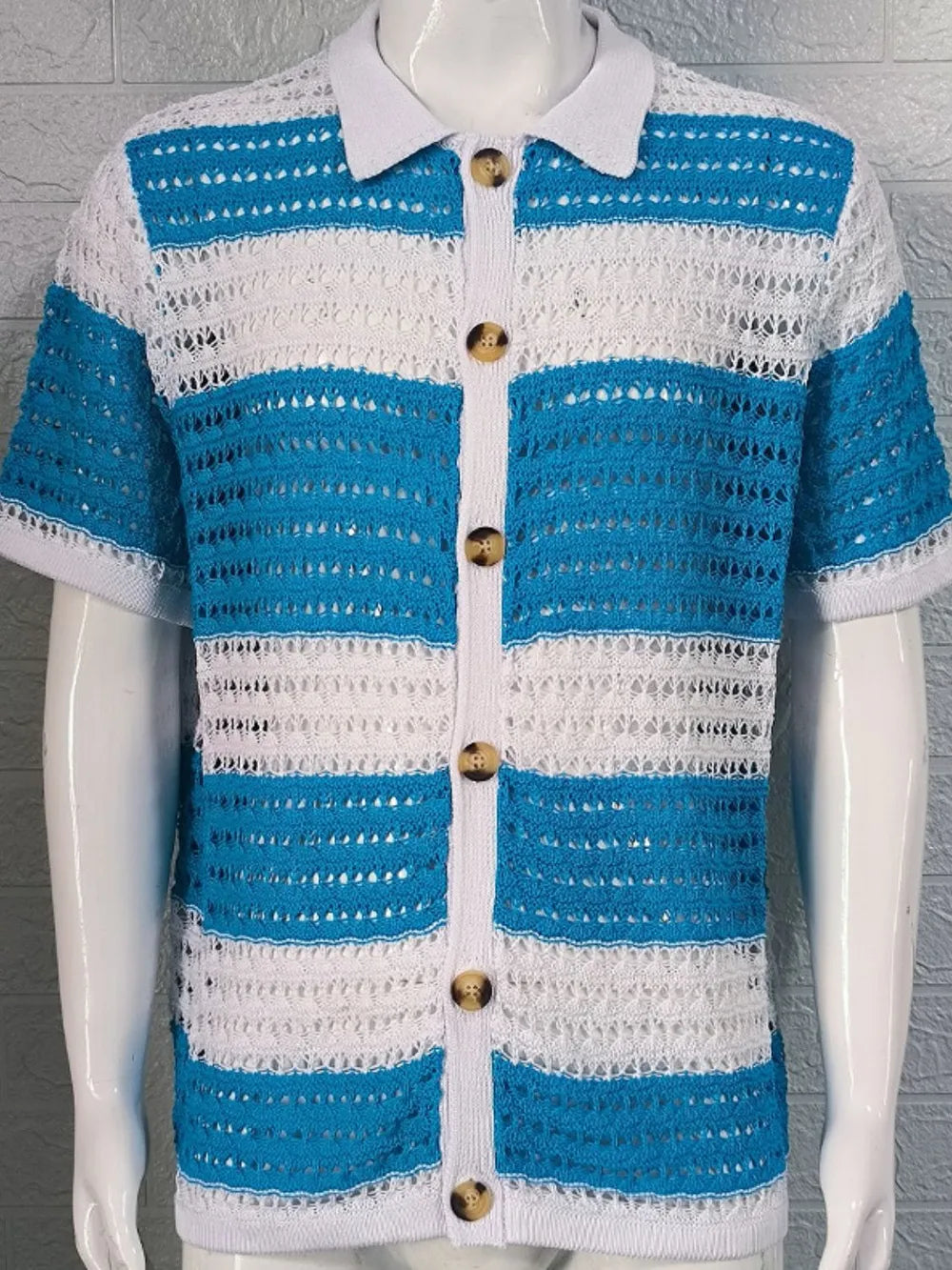 Men's Button Down Collared Neck Contrast Openwork Shirt