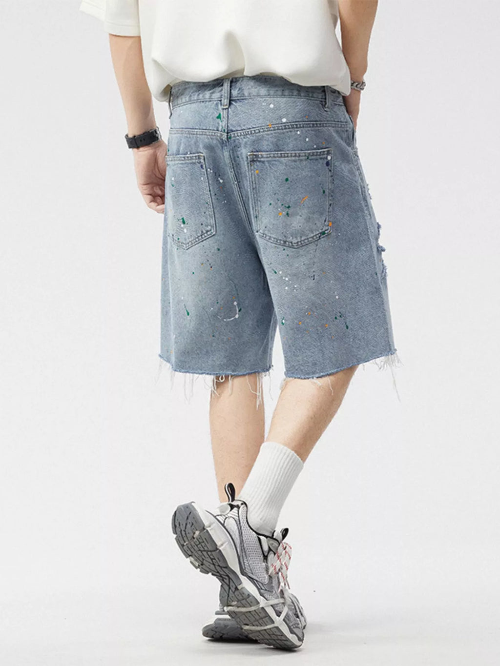 Men's Distressed Paint Splatter Denim Shorts