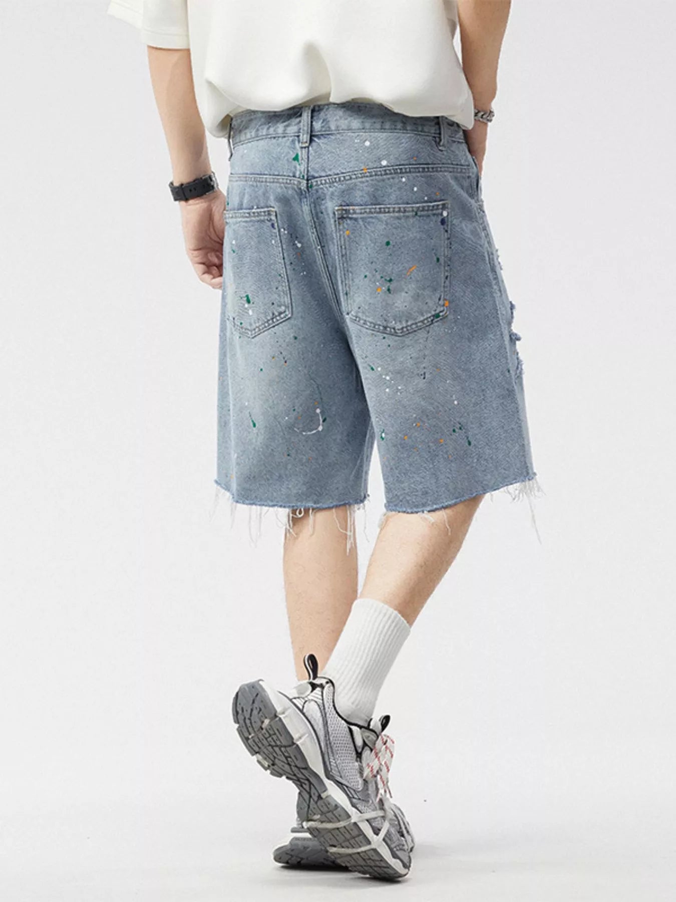 Men's Distressed Paint Splatter Denim Shorts