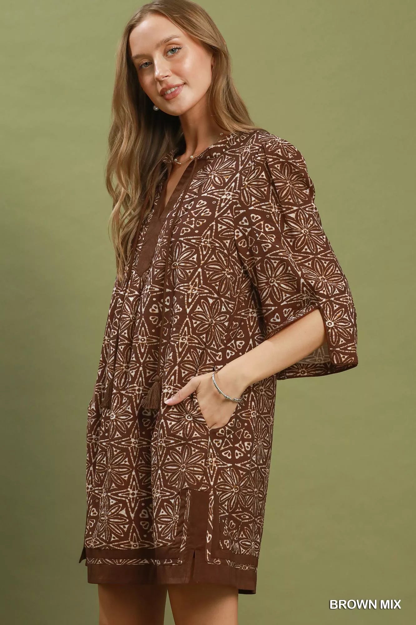 Umgee Mix Geometric Print V-Neck Tassel Detail Tunic Dress