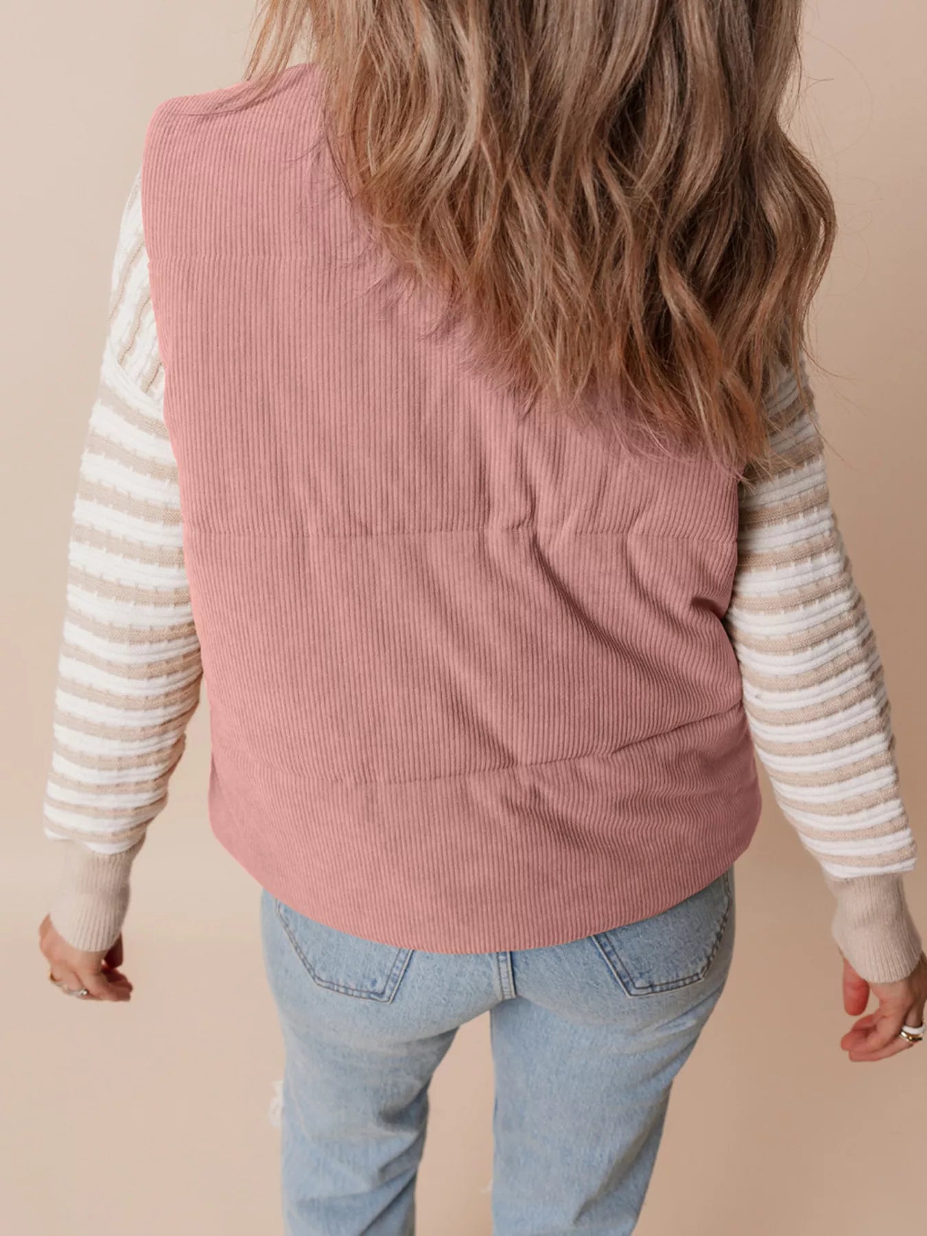 Corduroy Stand Neck Zipped Puffer Vest