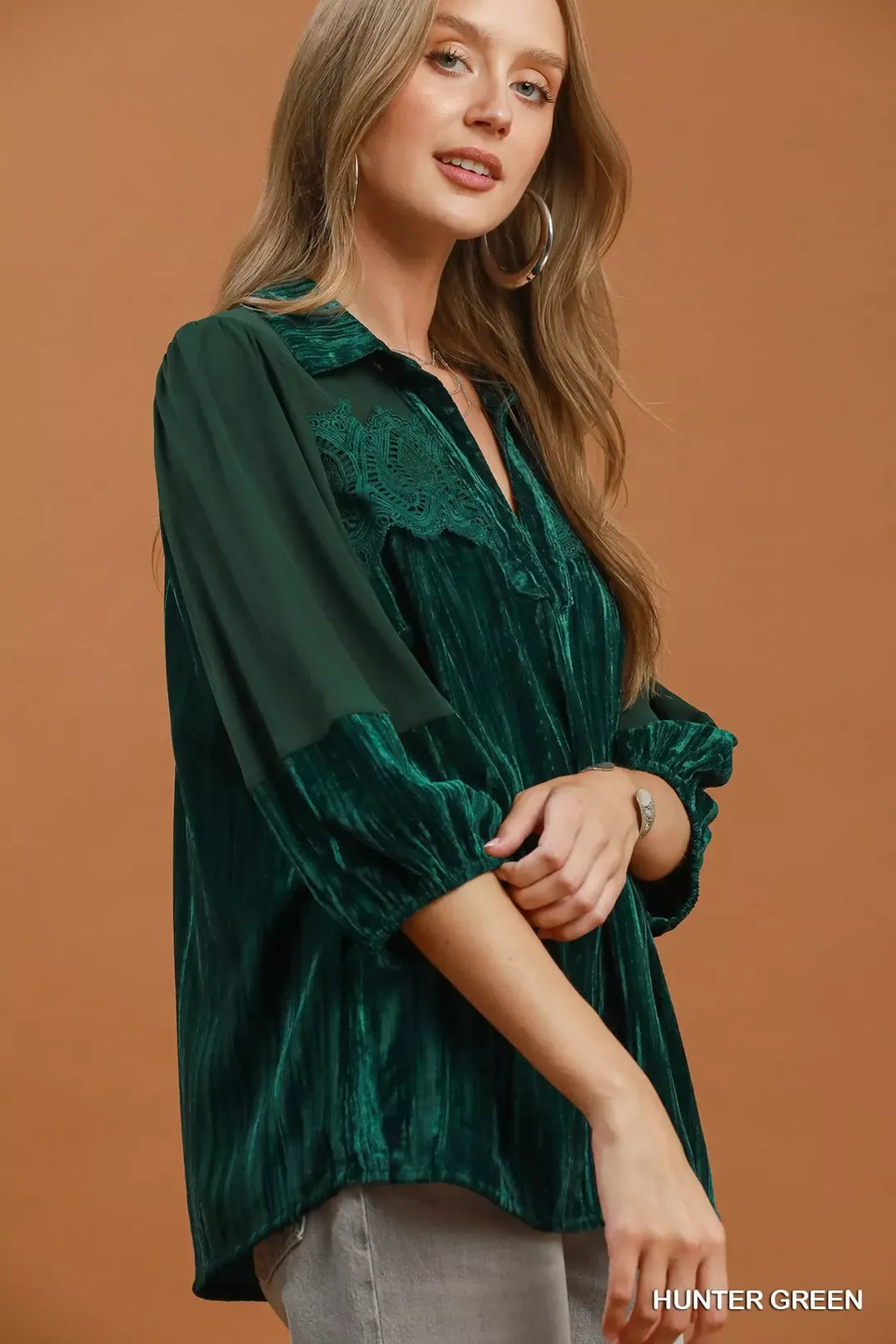Umgee Velvet Lace Detail Mixed Fabric Blouse