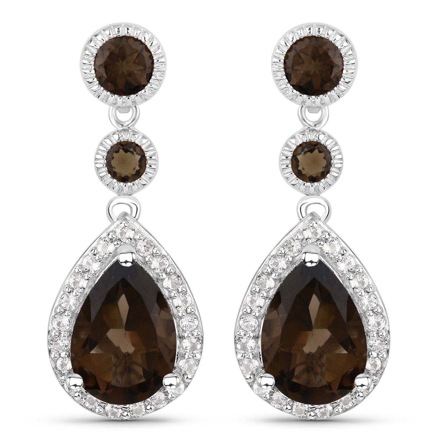 7.34 Carat Genuine Smoky Quartz and White Topaz .925 Sterling Silver Earrings