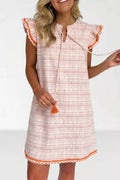 Jacquard Textured Contrast Trim Short Sleeve Tassel Tie Shift Dress