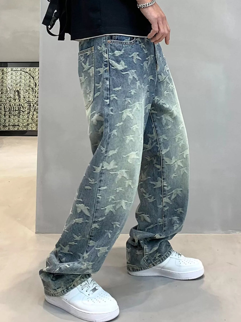 Men's Vintage Bird Print Loose Fit Jeans