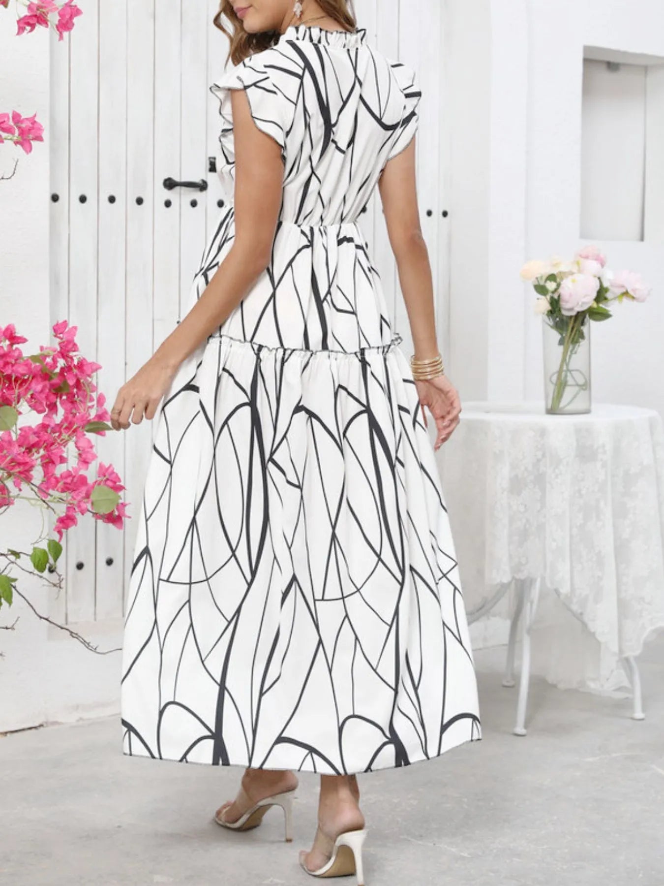 Abstract Print Ruffle Sleeve V-Neck Midi Dress