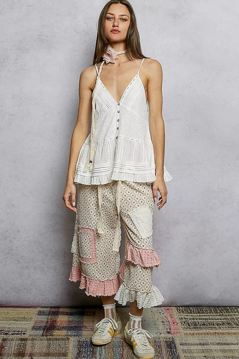 POL Button Front V-Neck Ruffled Cami with Pintuck Accents