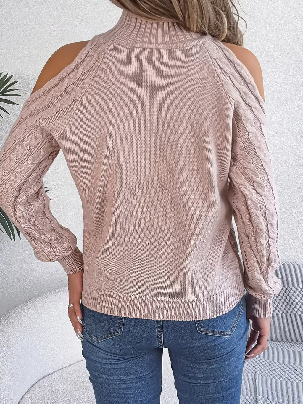Cable Knit Cold Shoulder Turtleneck Sweater