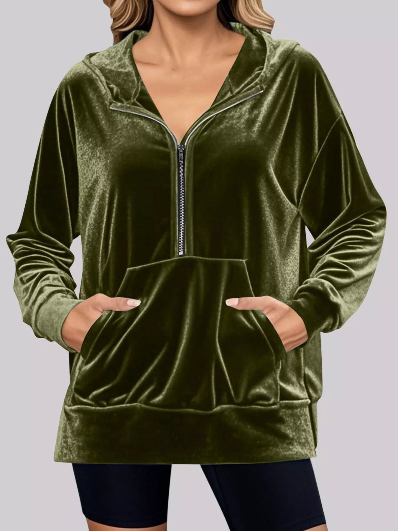 Full Size Velvet Half Zip Hoodie with Kangaroo Pocket Plus Size