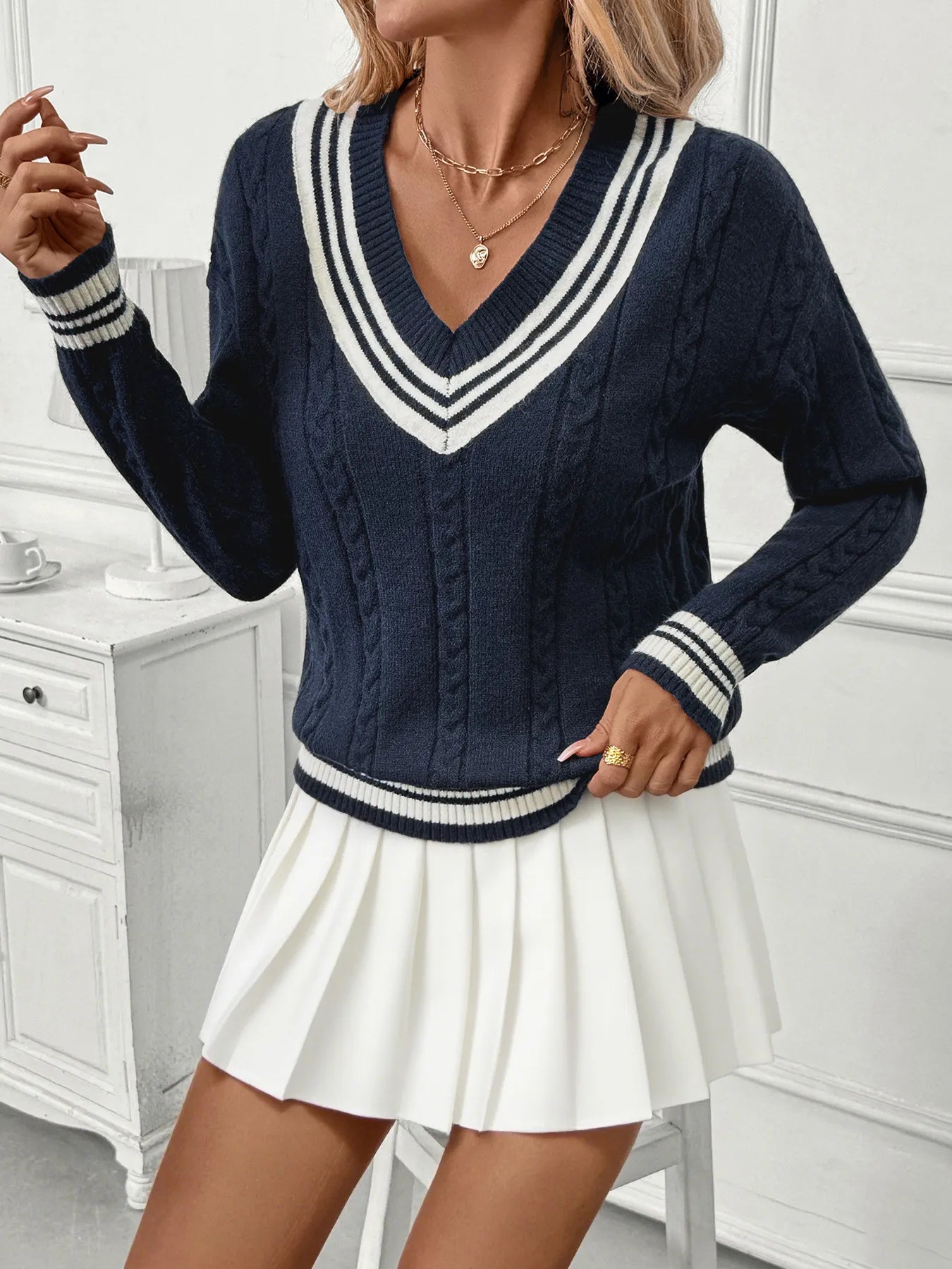 Contrast Striped V-Neck Sweater