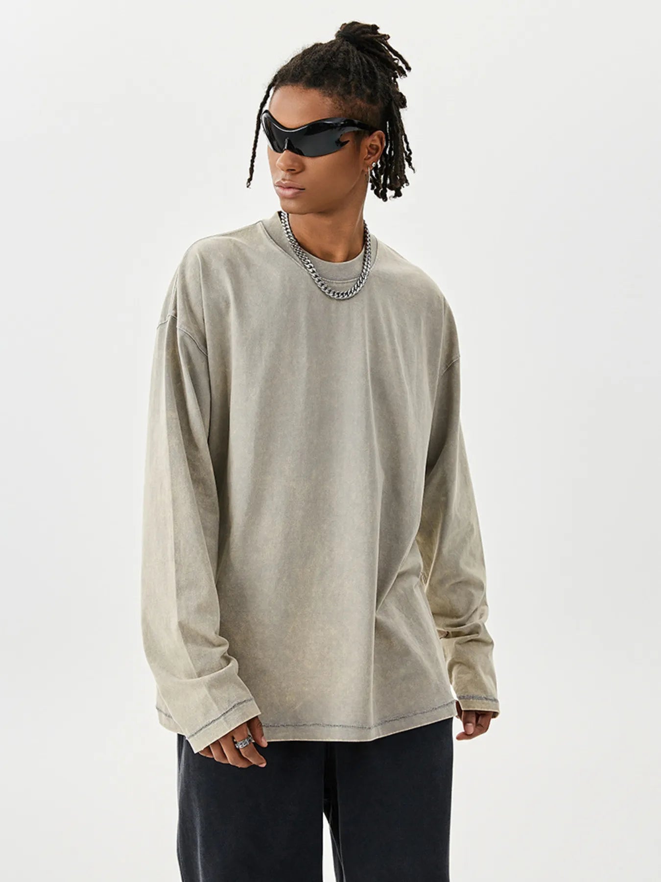 Men's Washed Round Neck Long Sleeve T-Shirt