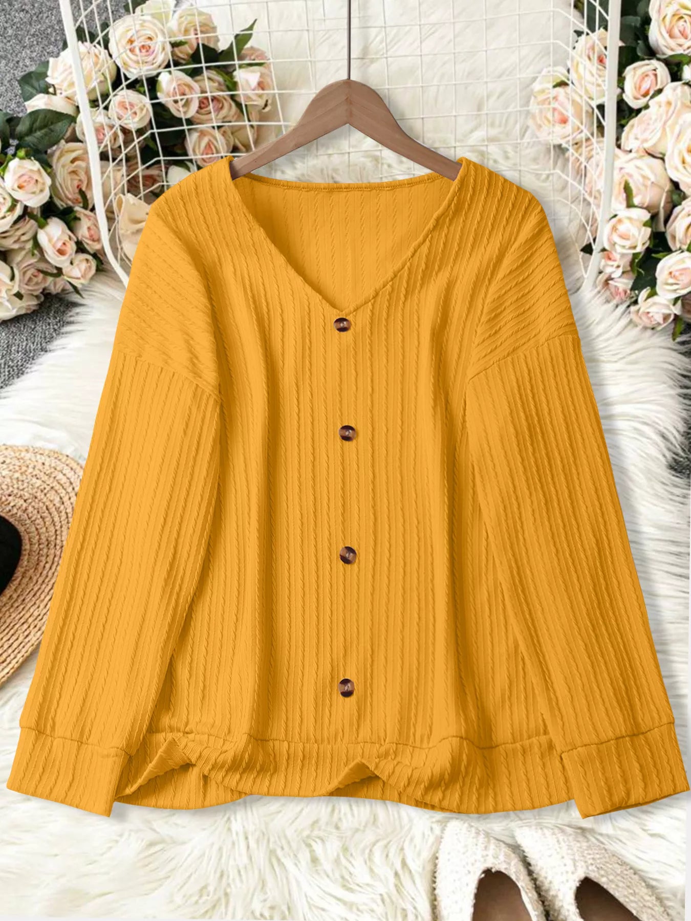 Plus Size V-Neck Dropped Shoulder Blouse