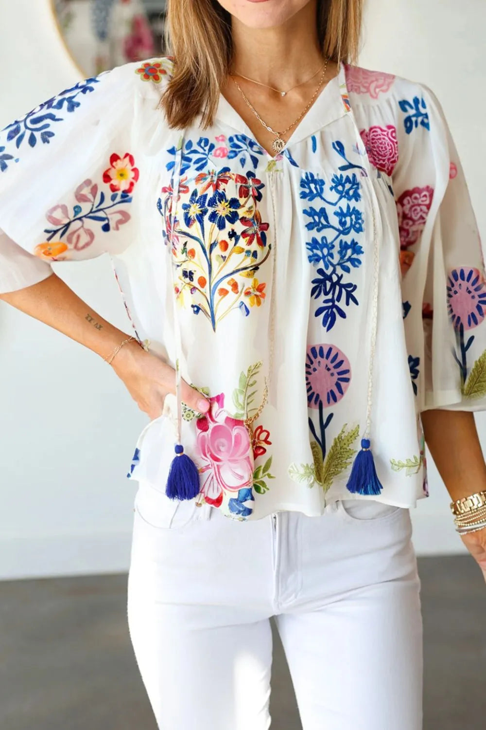 Printed Tie Neck 3/4 Sleeve Blouse