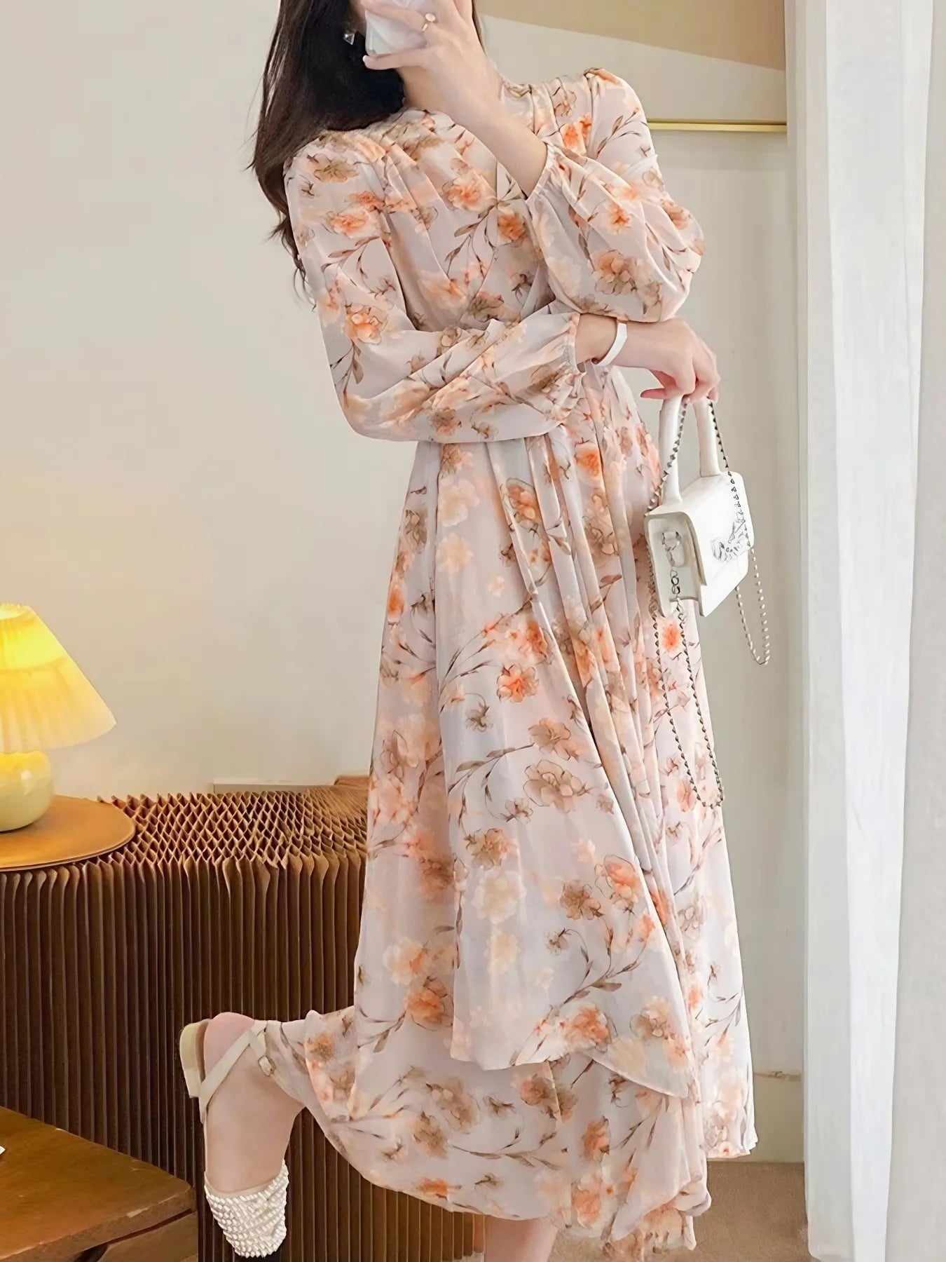 Floral Print Long Sleeve Midi Dress