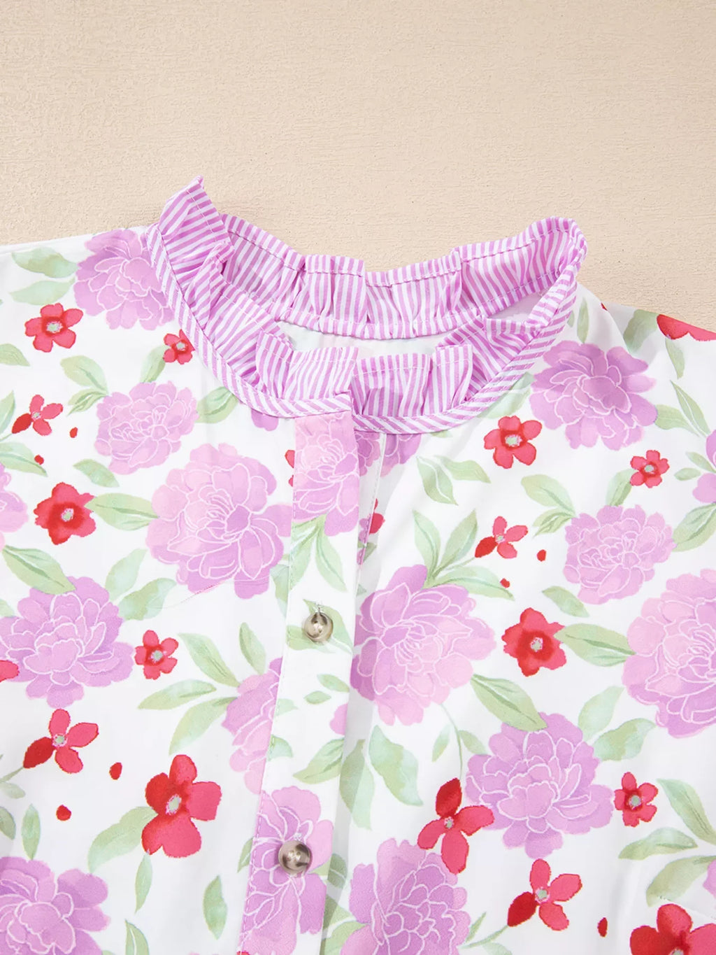 Floral Print Striped Trim Frilled Neck 3/4 Sleeve Flared Mini Dress